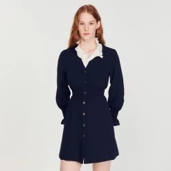 Deals ⌛ Sandro ???? Dress With Press Studs And Smocked Belt Navy Blue ????