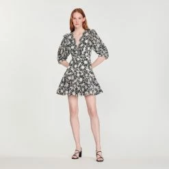 Wholesale ✨ Sandro Short ???? Dress In Embroidered Fabric Black ????