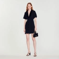Outlet ???? Sandro Short ???? Dress With Shawl Neck Black ????