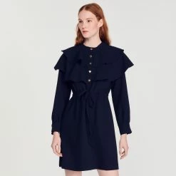 Best Sale ⌛ Sandro ???? Dress With Oversize Ruffles Navy Blue ????