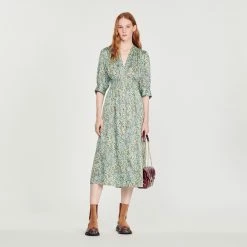 Discount ???? Sandro Long Flowing ???? Dress With Print Green / Red ????
