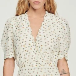 Buy ???? Sandro Short-sleeved ???? Dress With Flowers Print Ecru ✔️ -Sandro Shop Sandro SFPRO02576 11 V 3