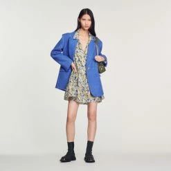 Best Pirce ❤️ Sandro Short ???? Dress With Blossom Print Ecru / Bleu ❤️