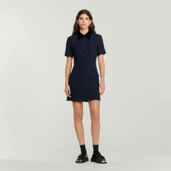 New ???? Sandro Short Tweed ???? Dress With Velvet Collar Navy Blue ????