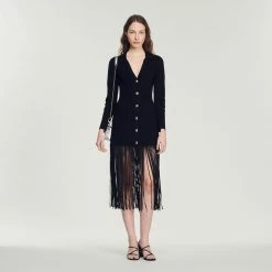 Cheap ???? Sandro Long ???? Dress With Fringing Black ????