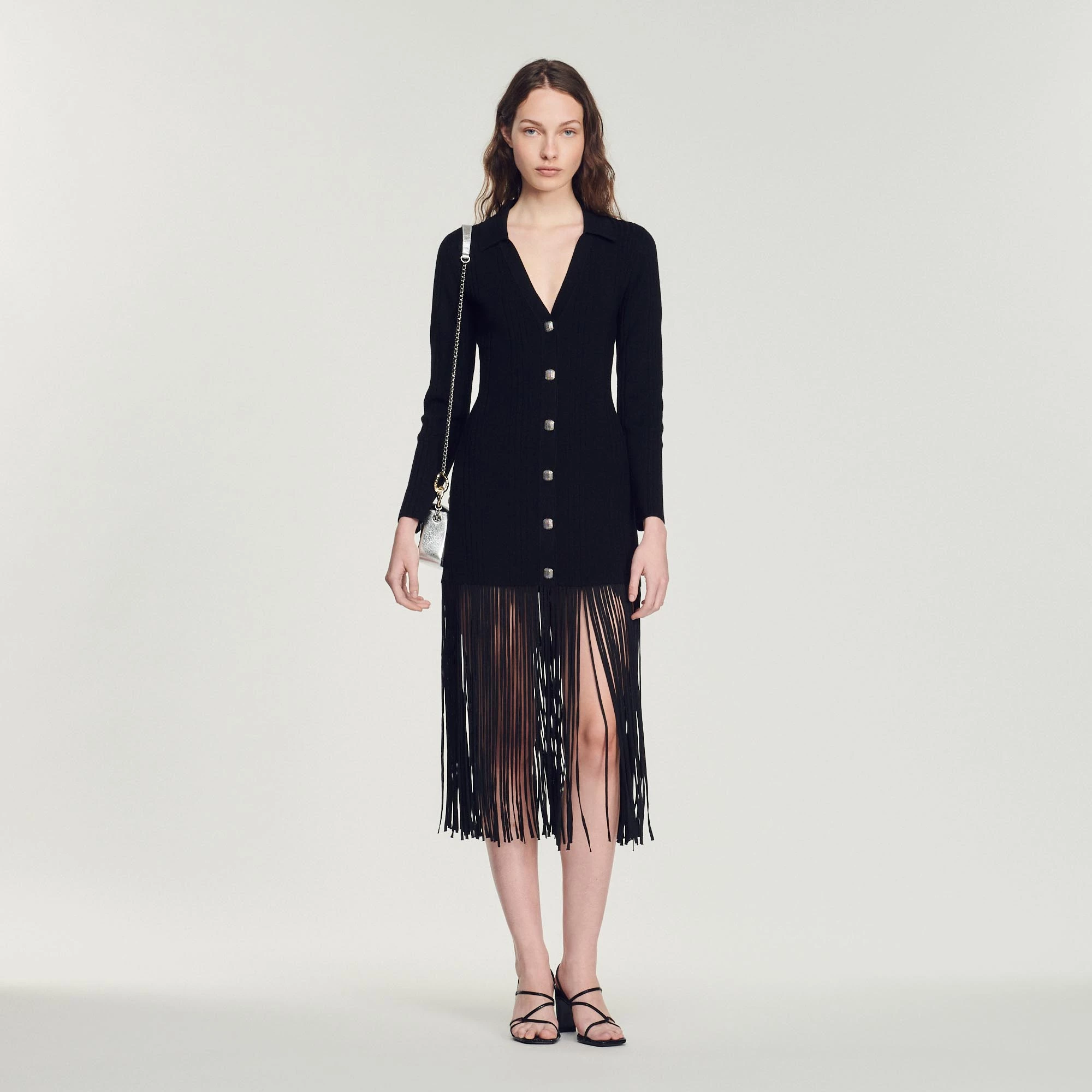 Cheap ???? Sandro Long ???? Dress With Fringing Black ???? 1 Cheap ???? Sandro Long ???? Dress With Fringing Black ????