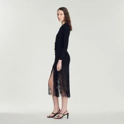 Cheap ???? Sandro Long ???? Dress With Fringing Black ???? 12 Cheap ???? Sandro Long ???? Dress With Fringing Black ???? -Sandro Shop Sandro SFPRO02675 20 V 6