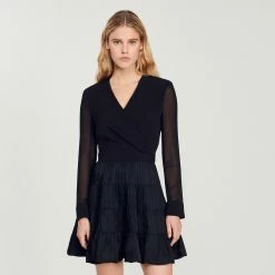 Cheap ???? Sandro Short Flowing Dual-fabric ???? Dress Black ????