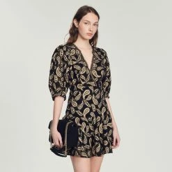 Wholesale ???? Sandro Short Guipure ???? Dress With Paisley Print Black / Beige ✨