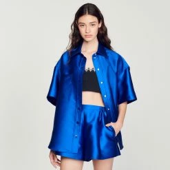 Coupon ???? Sandro Satin Shorts Electric Blue ⭐ -Sandro Shop Sandro SFPSH00271 D279 V 4