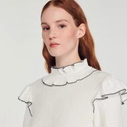 Coupon ???? Sandro Knitted T-shirt With Ruffle Ecru ????
