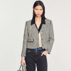 Discount ???? Sandro Houndstooth Tweed Jacket White And Black ????