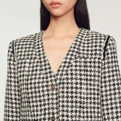 Discount ???? Sandro Houndstooth Tweed Jacket White And Black ???? -Sandro Shop Sandro SFPVE00696 107 V 3