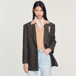 Top 10 ✨ Sandro Tailored Jacket With Embellished Brooch Brown ❤️