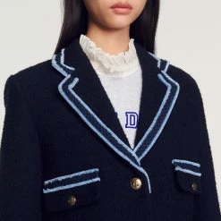 Flash Sale ❤️ Sandro Tweed Jacket With Contrasting Trim Navy Blue ❤️ -Sandro Shop Sandro SFPVE00717 44 V 3