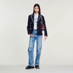 Flash Sale ❤️ Sandro Tweed Jacket With Contrasting Trim Navy Blue ❤️ -Sandro Shop Sandro SFPVE00717 44 V 4