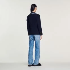 Flash Sale ❤️ Sandro Tweed Jacket With Contrasting Trim Navy Blue ❤️ -Sandro Shop Sandro SFPVE00717 44 V 5