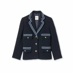 Flash Sale ❤️ Sandro Tweed Jacket With Contrasting Trim Navy Blue ❤️ -Sandro Shop Sandro SFPVE00717 44 V P